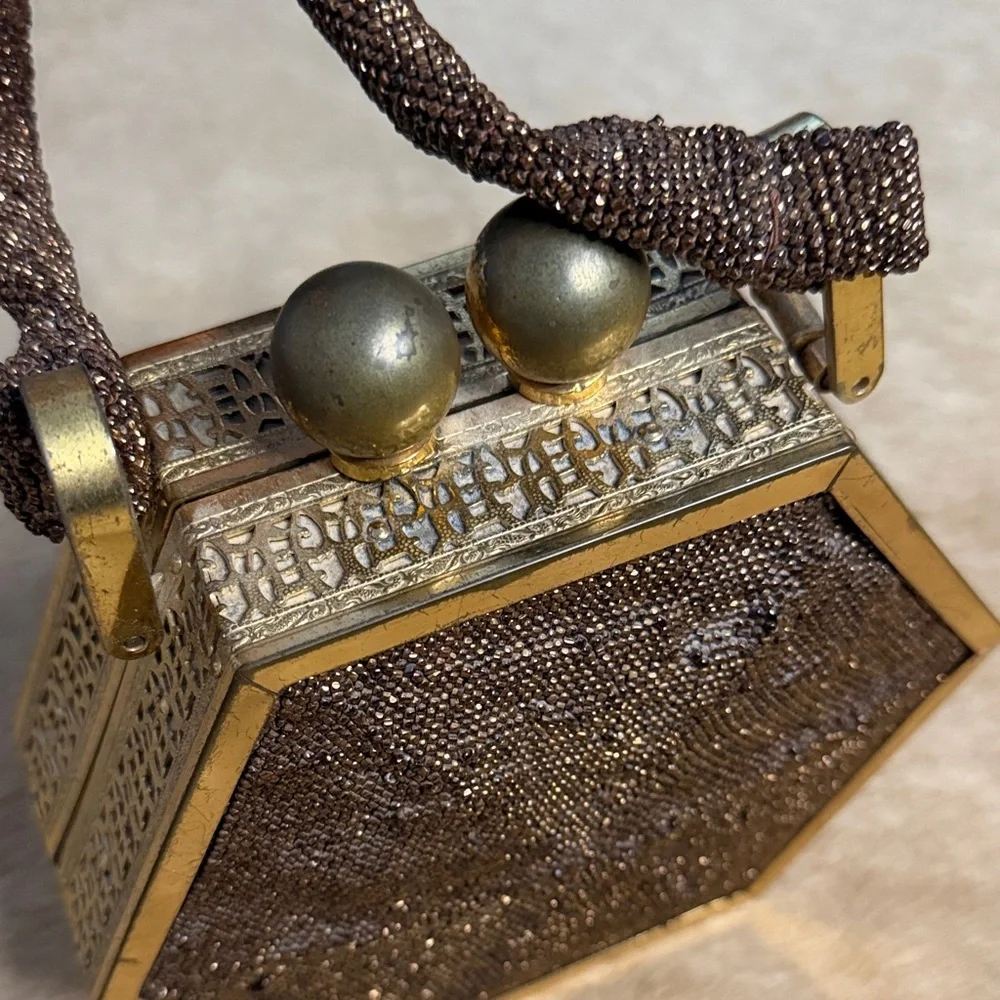 Vintage Copper Beaded Hexagon Evening Bag - Art Deco Style